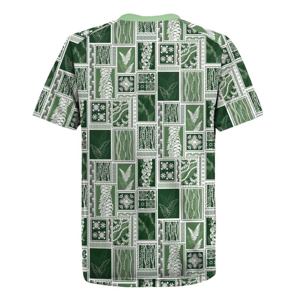 Vintage Aloha Block Quilt Rugby Jersey Green Inspired Lei Motifs - Polynesian Pride