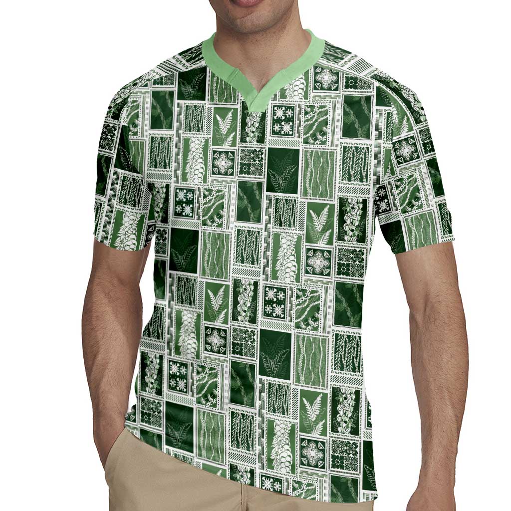 Vintage Aloha Block Quilt Rugby Jersey Green Inspired Lei Motifs - Polynesian Pride