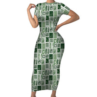 Vintage Aloha Block Quilt Short Sleeve Bodycon Dress Green Inspired Lei Motifs LT9 Long Dress Green - Polynesian Pride