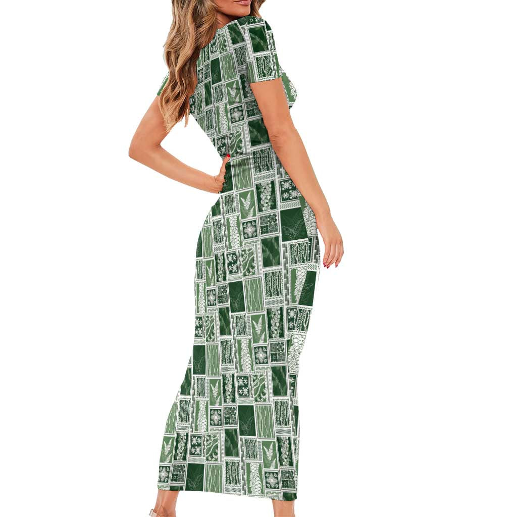 Vintage Aloha Block Quilt Short Sleeve Bodycon Dress Green Inspired Lei Motifs LT9 - Polynesian Pride
