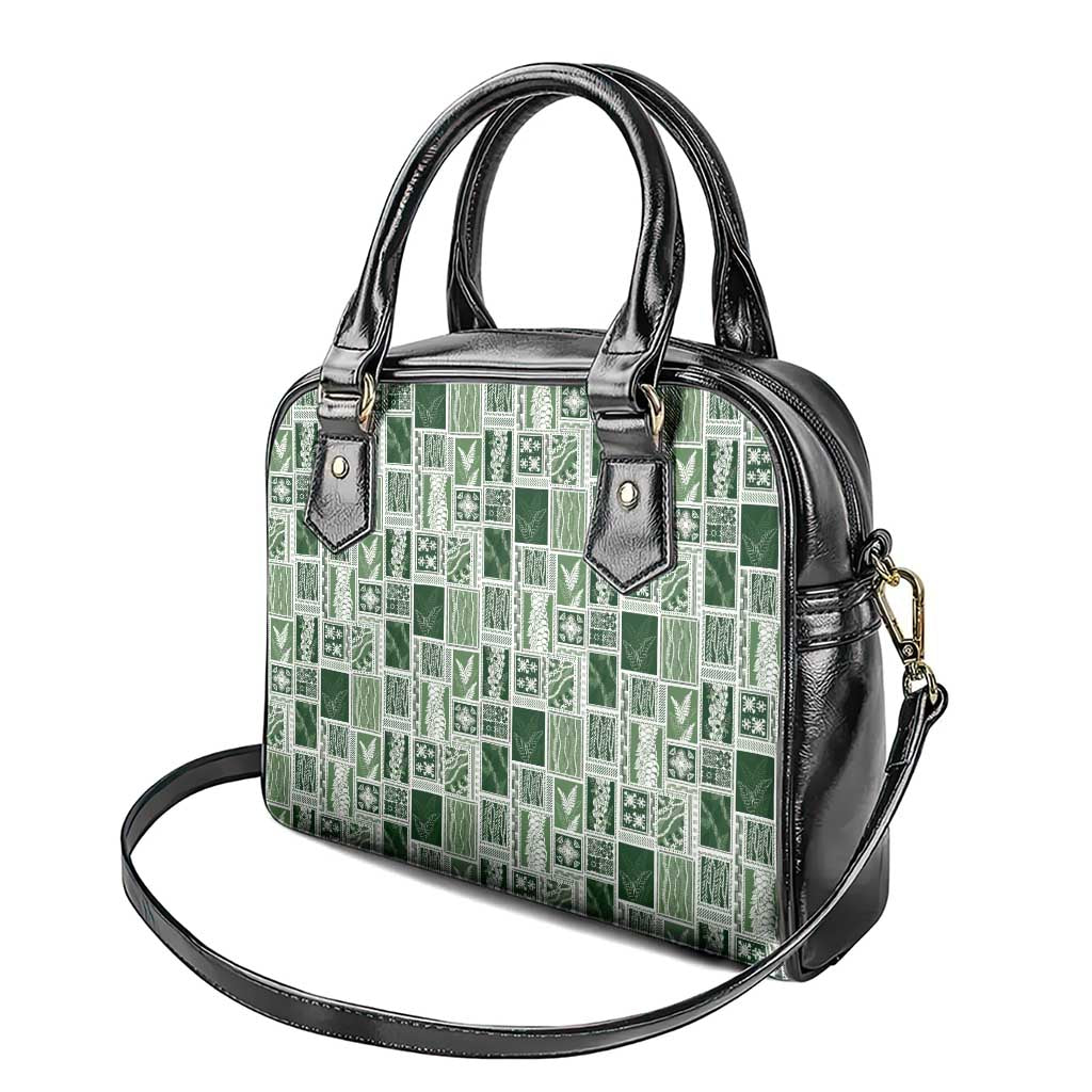 Vintage Aloha Block Quilt Shoulder Handbag Green Inspired Lei Motifs - Polynesian Pride