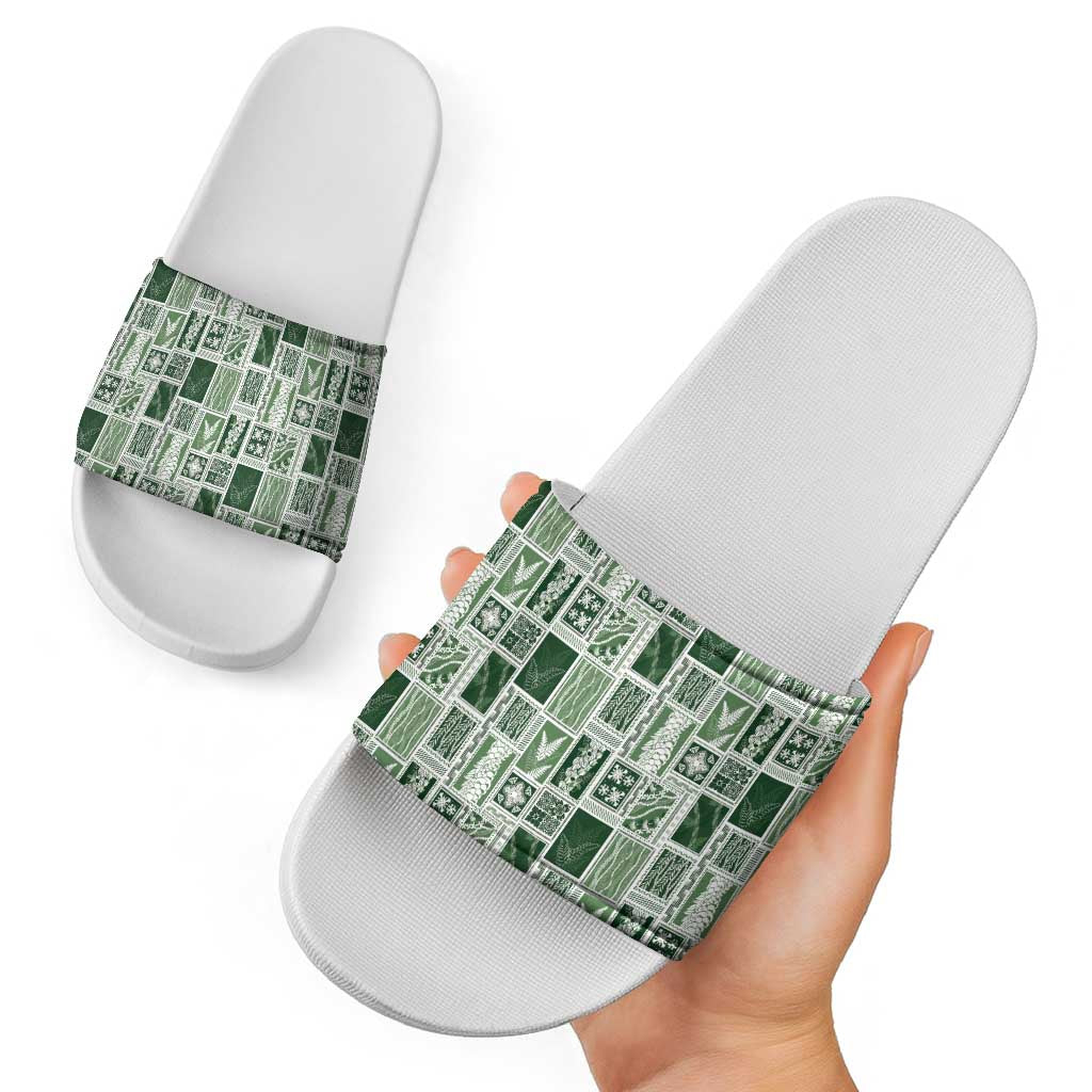 Vintage Aloha Block Quilt Slide Sandals Green Inspired Lei Motifs - Polynesian Pride