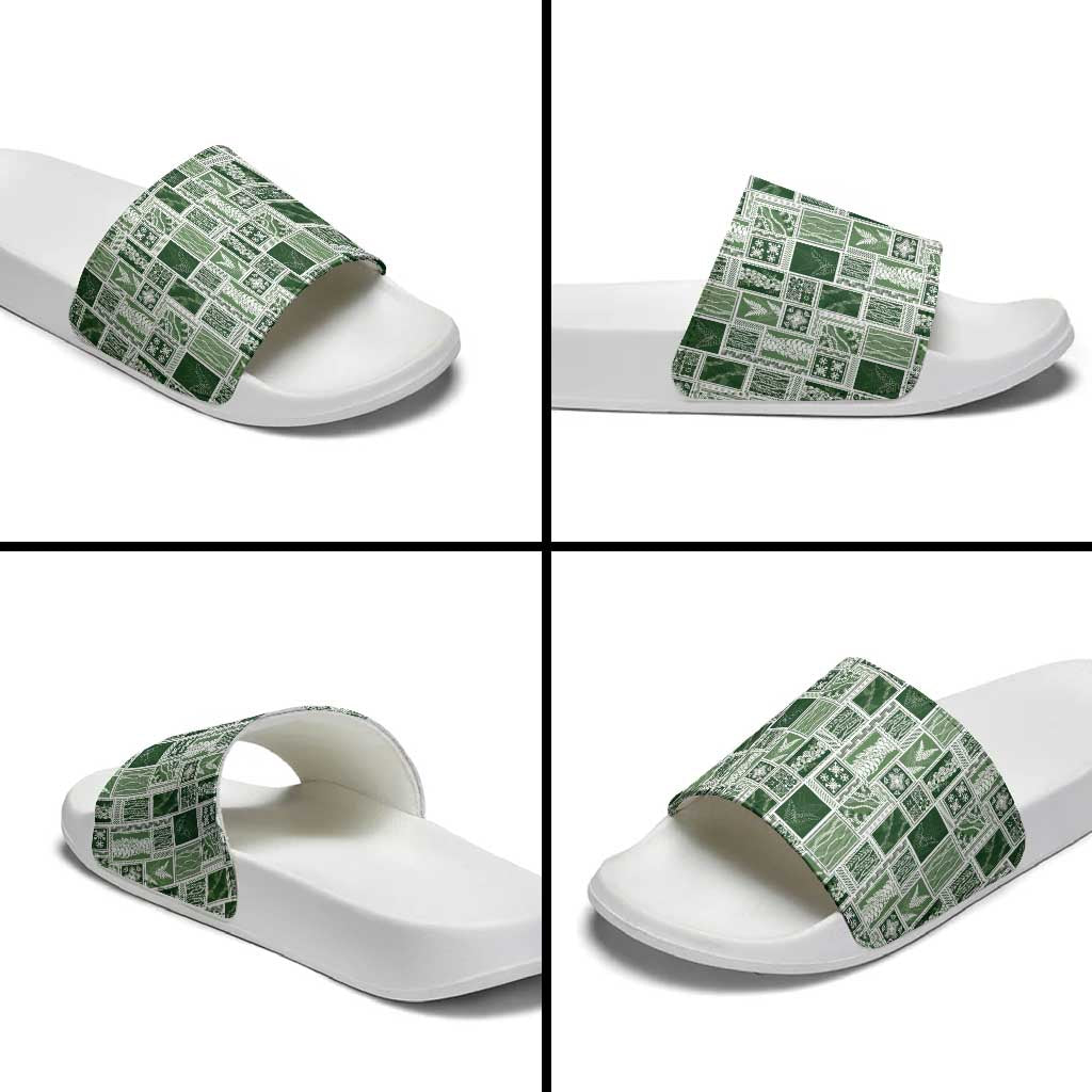 Vintage Aloha Block Quilt Slide Sandals Green Inspired Lei Motifs - Polynesian Pride