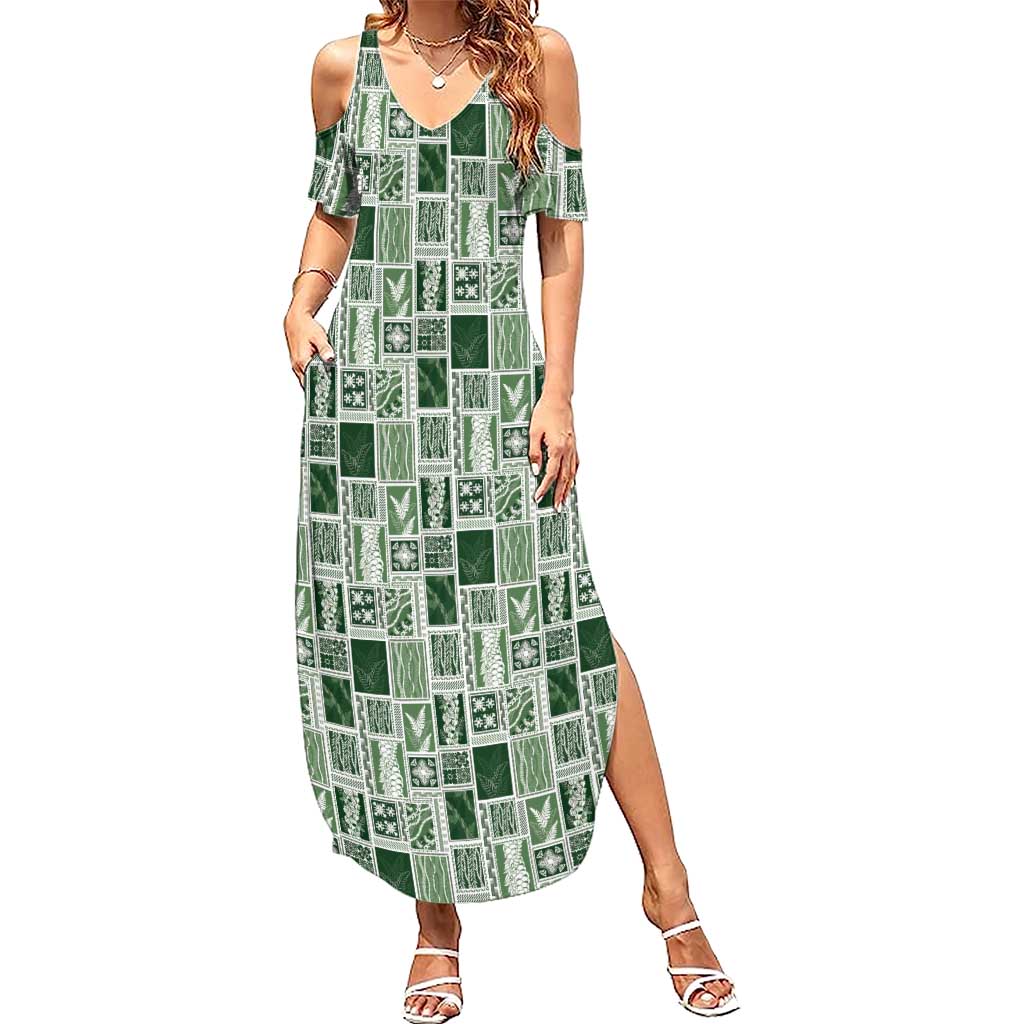 Vintage Aloha Block Quilt Summer Maxi Dress Green Inspired Lei Motifs - Polynesian Pride