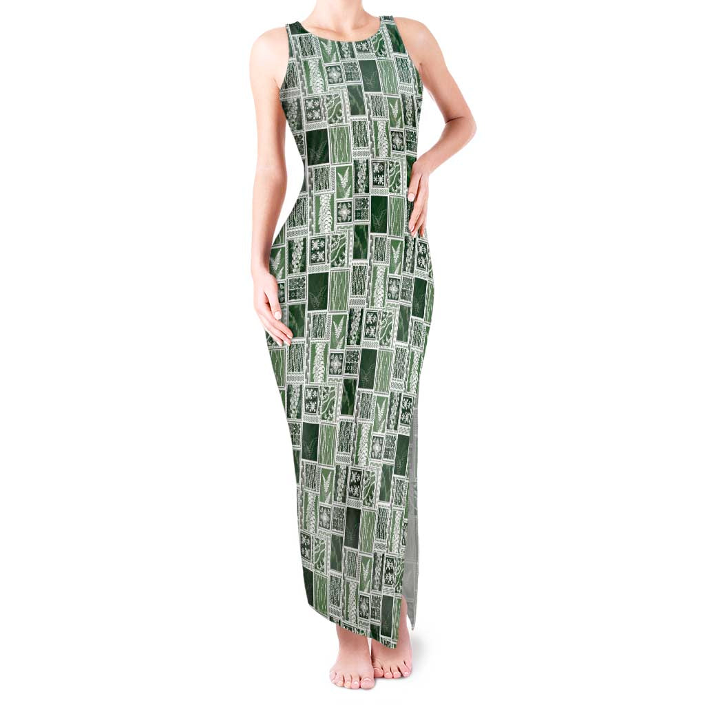 Vintage Aloha Block Quilt Tank Maxi Dress Green Inspired Lei Motifs - Polynesian Pride