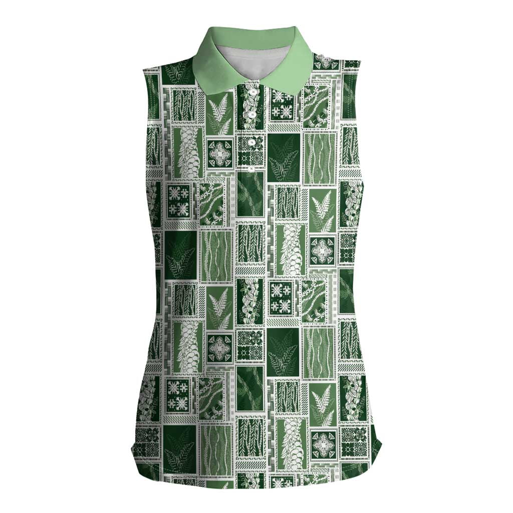 Vintage Aloha Block Quilt Women Sleeveless Polo Shirt Green Inspired Lei Motifs LT9 Female Green - Polynesian Pride