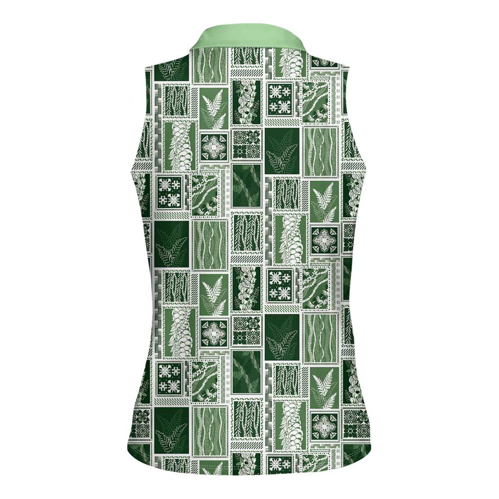 Vintage Aloha Block Quilt Women Sleeveless Polo Shirt Green Inspired Lei Motifs LT9 - Polynesian Pride