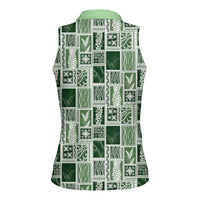Vintage Aloha Block Quilt Women Sleeveless Polo Shirt Green Inspired Lei Motifs LT9 - Polynesian Pride