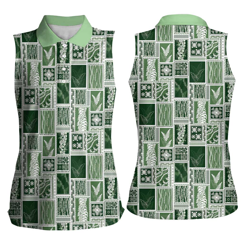 Vintage Aloha Block Quilt Women Sleeveless Polo Shirt Green Inspired Lei Motifs LT9 - Polynesian Pride