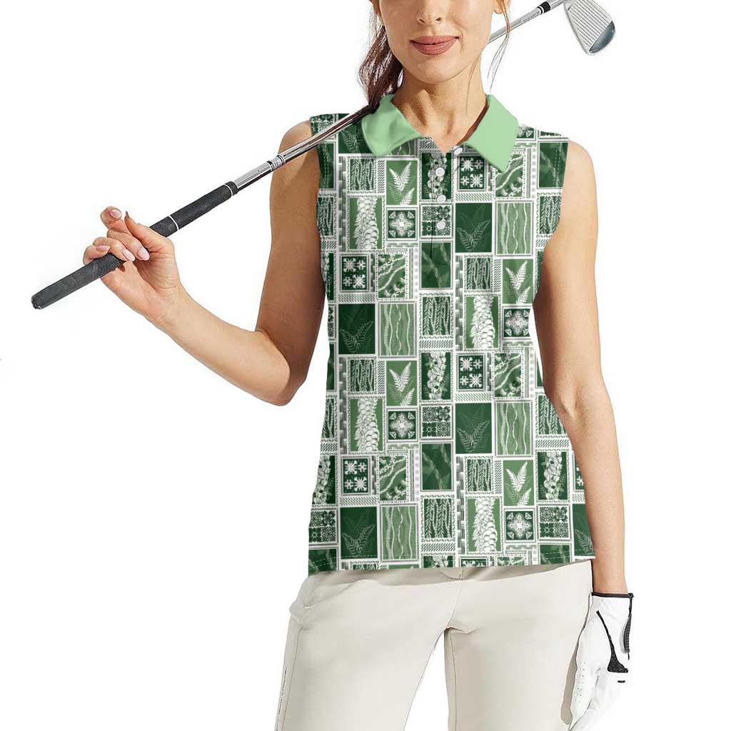 Vintage Aloha Block Quilt Women Sleeveless Polo Shirt Green Inspired Lei Motifs LT9 - Polynesian Pride