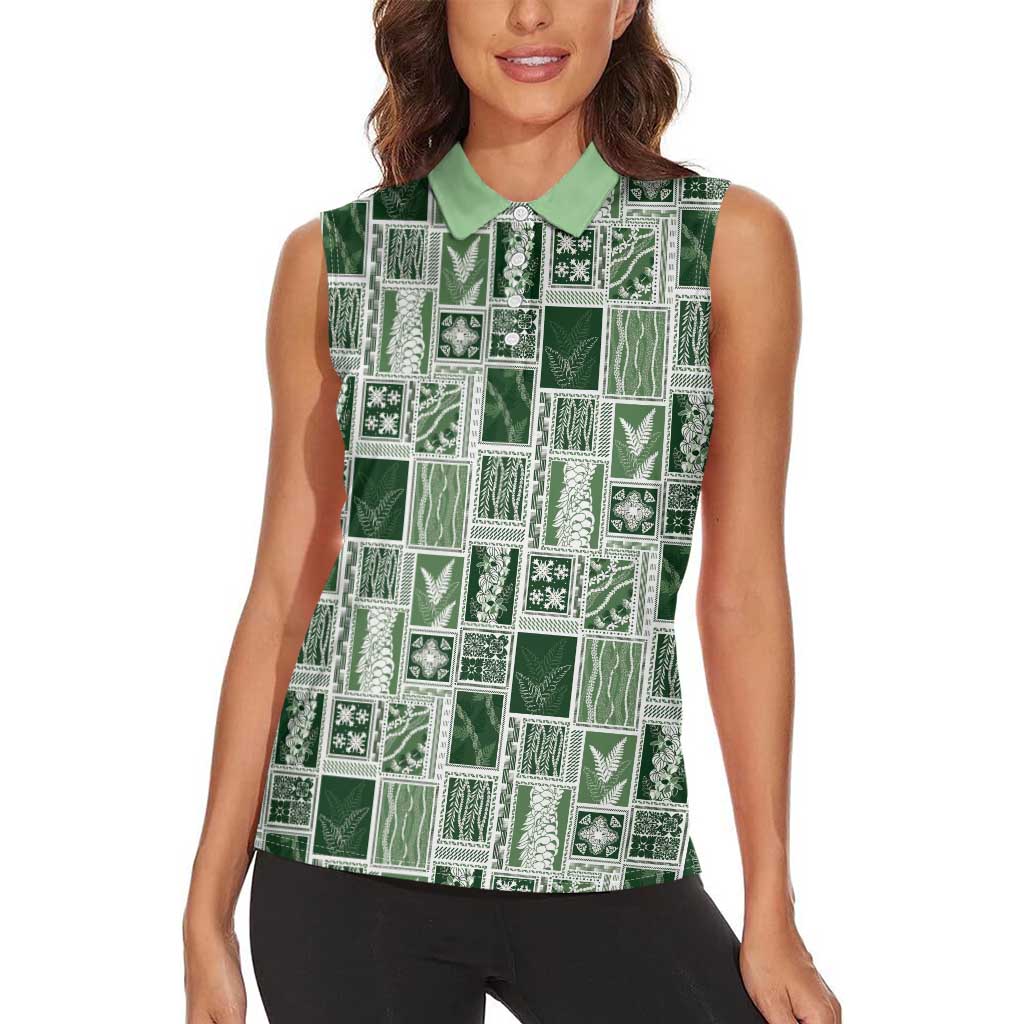 Vintage Aloha Block Quilt Women Sleeveless Polo Shirt Green Inspired Lei Motifs LT9 - Polynesian Pride