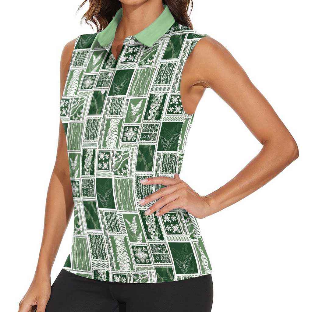 Vintage Aloha Block Quilt Women Sleeveless Polo Shirt Green Inspired Lei Motifs LT9 - Polynesian Pride