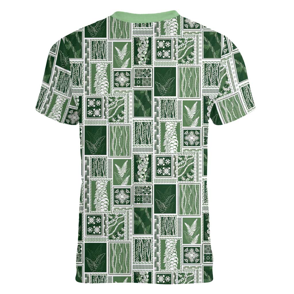 Vintage Aloha Block Quilt Women V-Neck T-Shirt Green Inspired Lei Motifs LT9 - Polynesian Pride