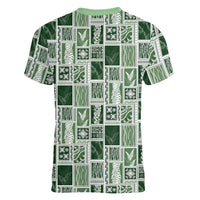 Vintage Aloha Block Quilt Women V-Neck T-Shirt Green Inspired Lei Motifs LT9 - Polynesian Pride