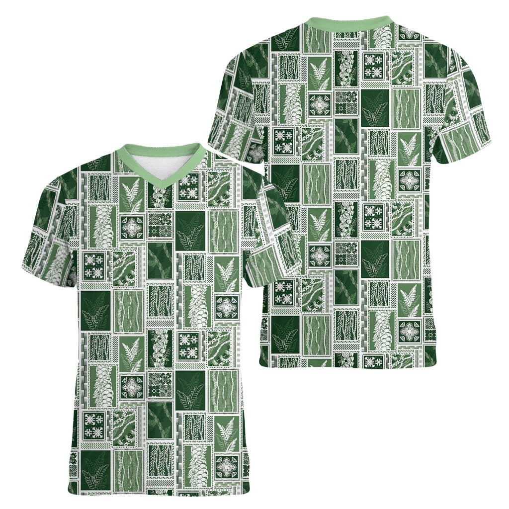 Vintage Aloha Block Quilt Women V-Neck T-Shirt Green Inspired Lei Motifs LT9 - Polynesian Pride