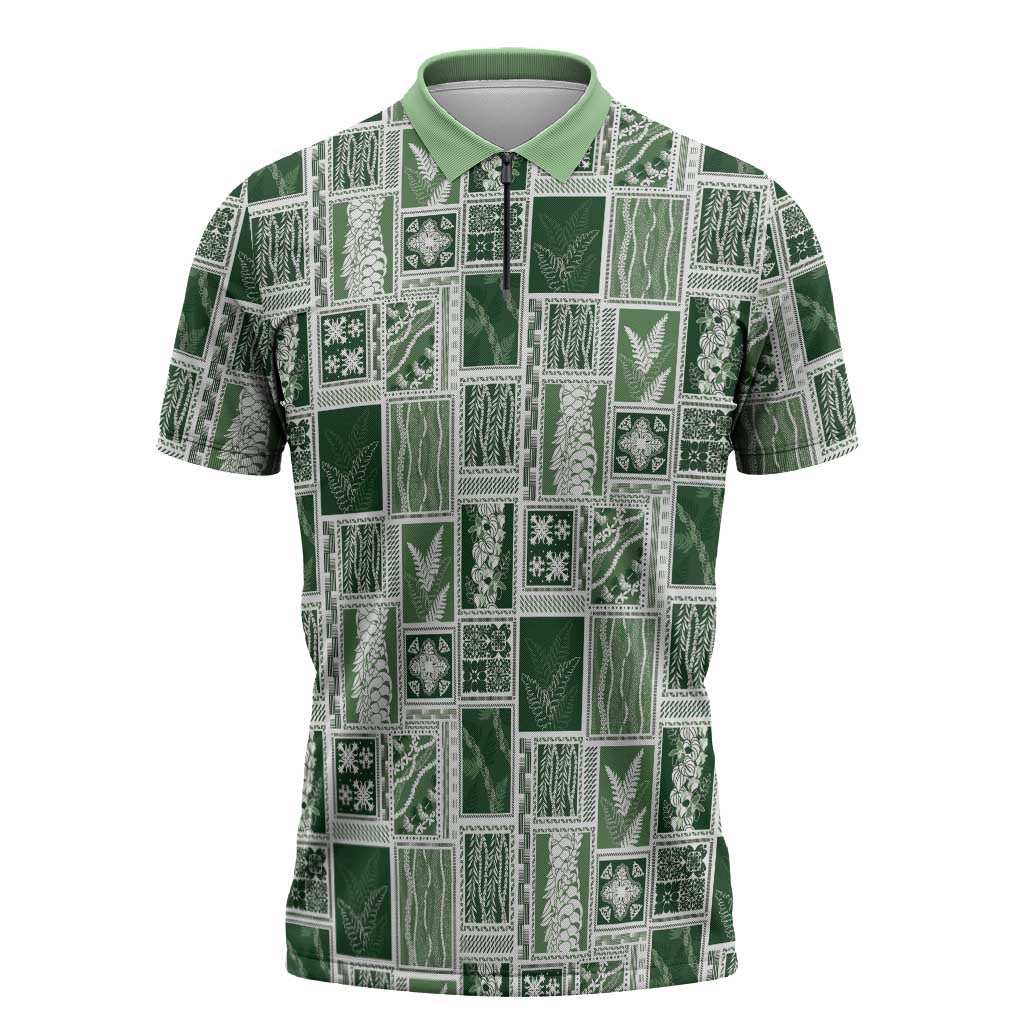 Vintage Aloha Block Quilt Zipper Polo Shirt Green Inspired Lei Motifs LT9 Green - Polynesian Pride