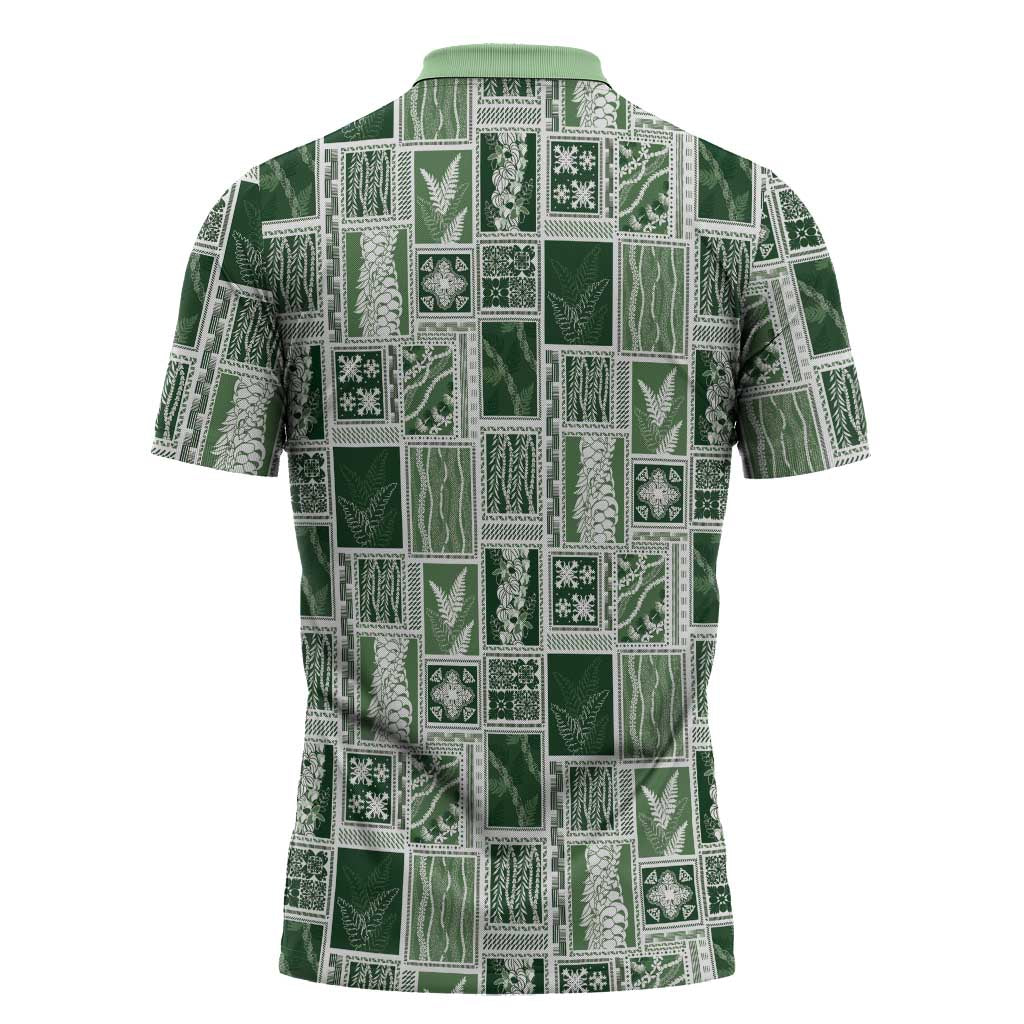 Vintage Aloha Block Quilt Zipper Polo Shirt Green Inspired Lei Motifs LT9 - Polynesian Pride