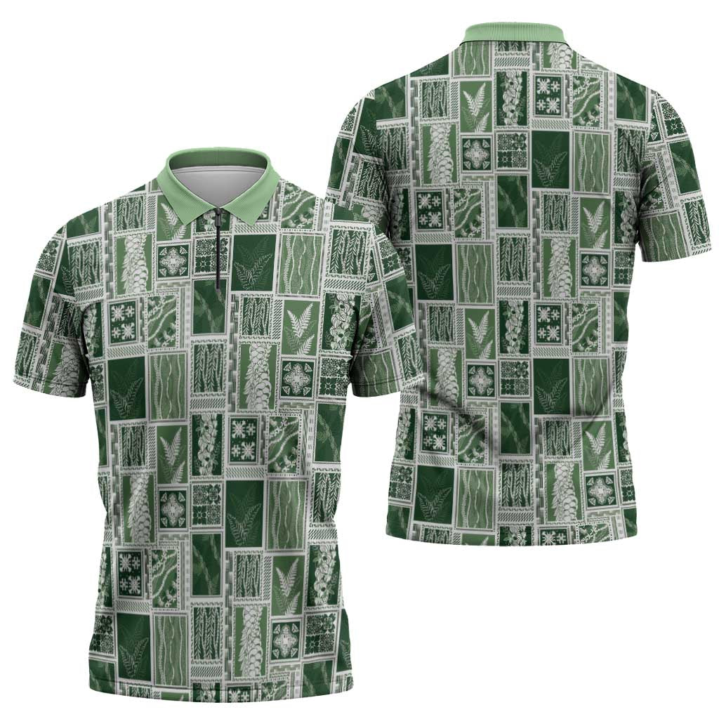 Vintage Aloha Block Quilt Zipper Polo Shirt Green Inspired Lei Motifs LT9 - Polynesian Pride