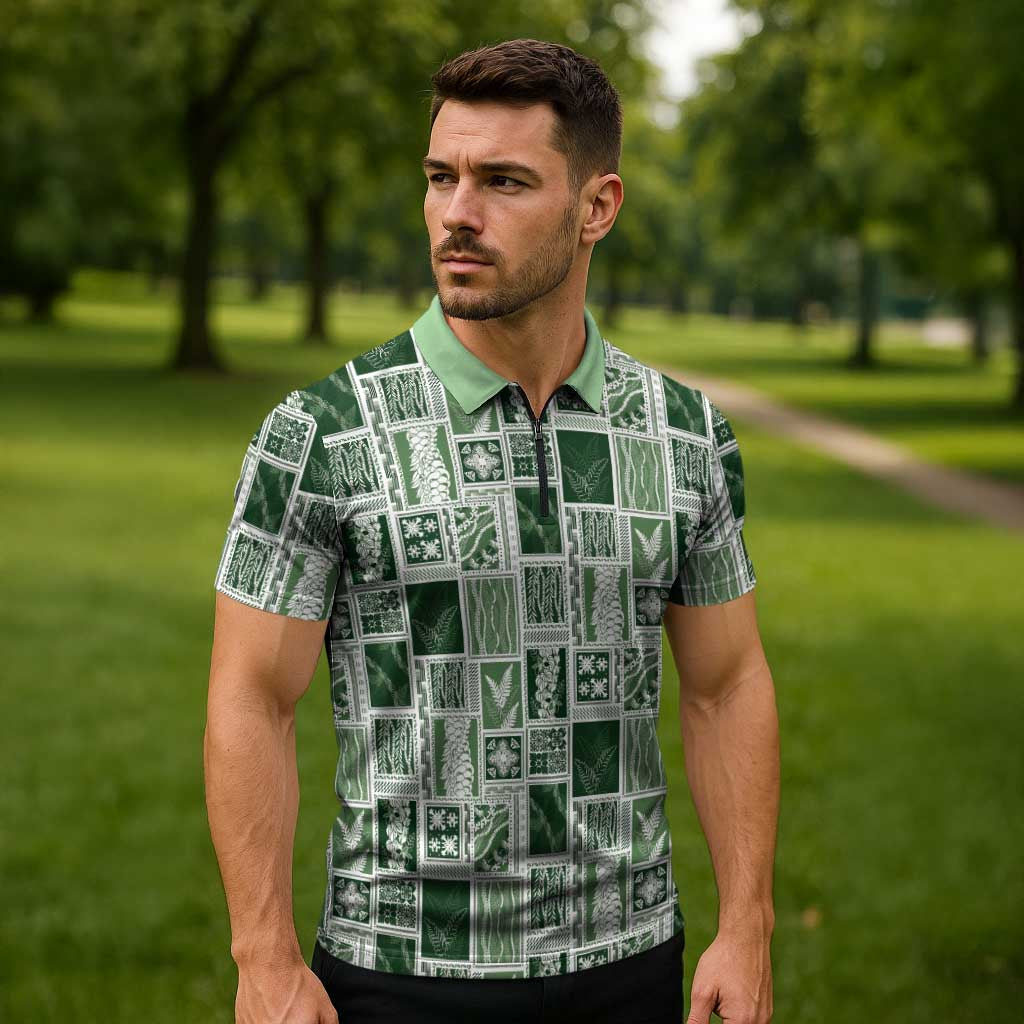 Vintage Aloha Block Quilt Zipper Polo Shirt Green Inspired Lei Motifs LT9 - Polynesian Pride