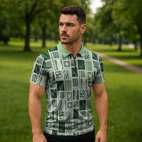 Vintage Aloha Block Quilt Zipper Polo Shirt Green Inspired Lei Motifs LT9 - Polynesian Pride