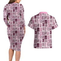 Vintage Aloha Block Quilt Couples Matching Long Sleeve Bodycon Dress and Hawaiian Shirt Pink Inspired Lei Motifs LT9 - Polynesian Pride