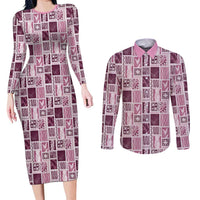 Vintage Aloha Block Quilt Couples Matching Long Sleeve Bodycon Dress and Long Sleeve Button Shirt Pink Inspired Lei Motifs LT9 Pink - Polynesian Pride