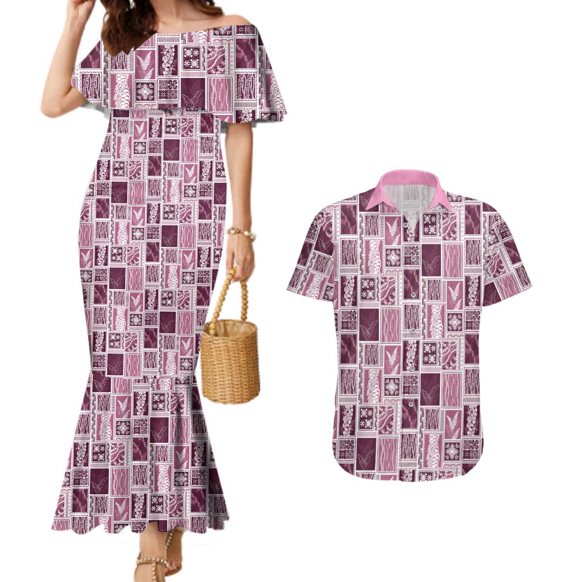 Vintage Aloha Block Quilt Couples Matching Mermaid Dress and Hawaiian Shirt Pink Inspired Lei Motifs - Polynesian Pride
