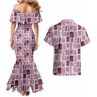 Vintage Aloha Block Quilt Couples Matching Mermaid Dress and Hawaiian Shirt Pink Inspired Lei Motifs LT9 - Polynesian Pride