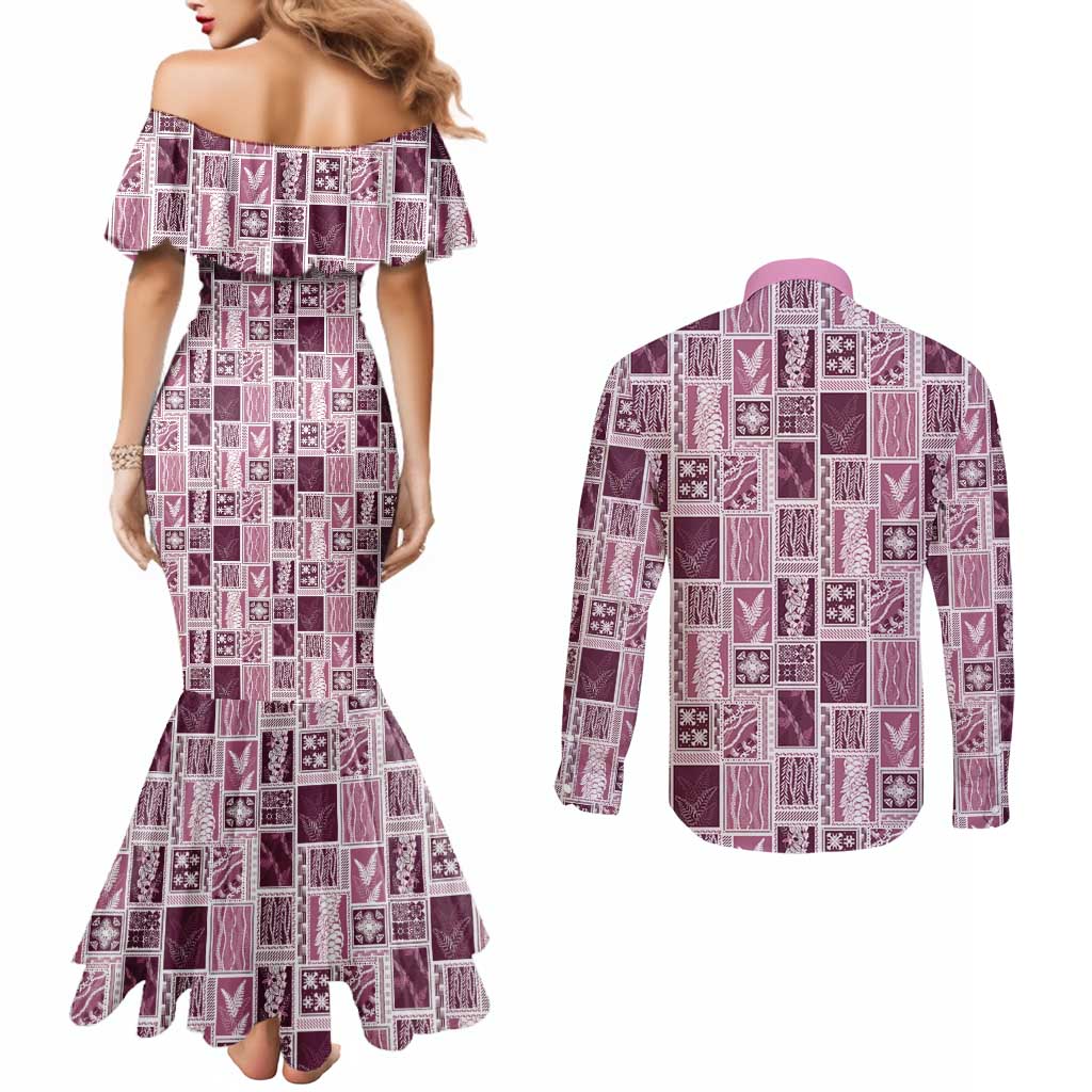 Vintage Aloha Block Quilt Couples Matching Mermaid Dress and Long Sleeve Button Shirt Pink Inspired Lei Motifs LT9 - Polynesian Pride