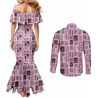 Vintage Aloha Block Quilt Couples Matching Mermaid Dress and Long Sleeve Button Shirt Pink Inspired Lei Motifs LT9 - Polynesian Pride