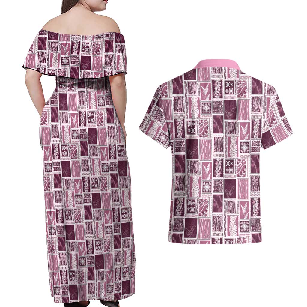 Vintage Aloha Block Quilt Couples Matching Off Shoulder Maxi Dress and Hawaiian Shirt Pink Inspired Lei Motifs LT9 - Polynesian Pride