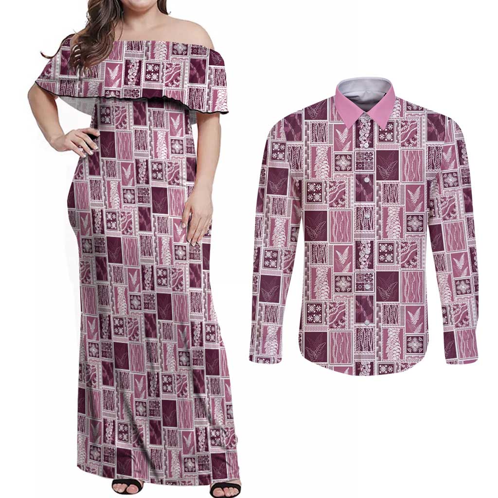 Vintage Aloha Block Quilt Couples Matching Off Shoulder Maxi Dress and Long Sleeve Button Shirt Pink Inspired Lei Motifs LT9 Pink - Polynesian Pride