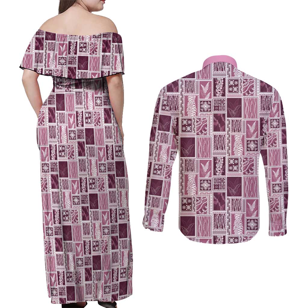 Vintage Aloha Block Quilt Couples Matching Off Shoulder Maxi Dress and Long Sleeve Button Shirt Pink Inspired Lei Motifs LT9 - Polynesian Pride