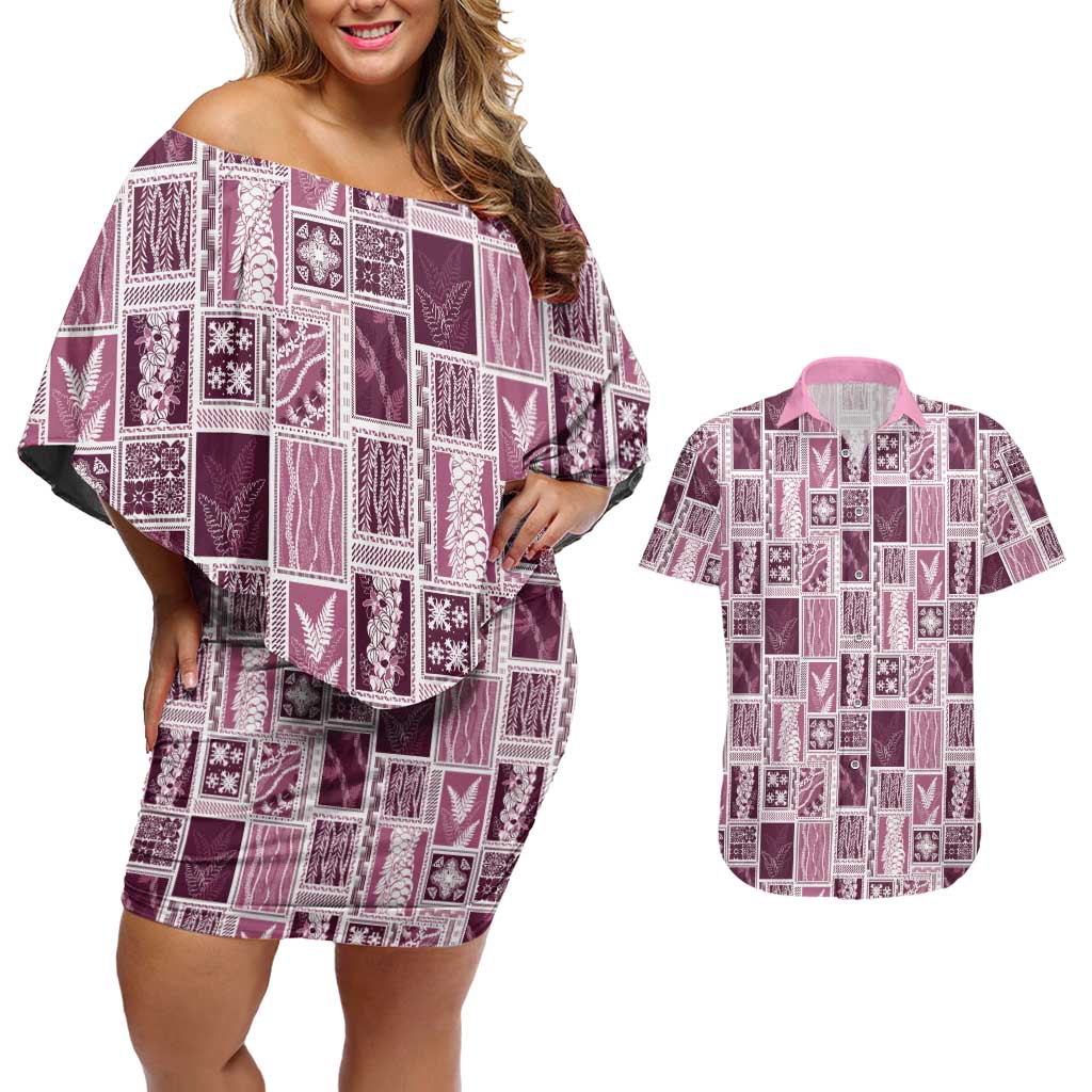 Vintage Aloha Block Quilt Couples Matching Off Shoulder Short Dress and Hawaiian Shirt Pink Inspired Lei Motifs LT9 Pink - Polynesian Pride