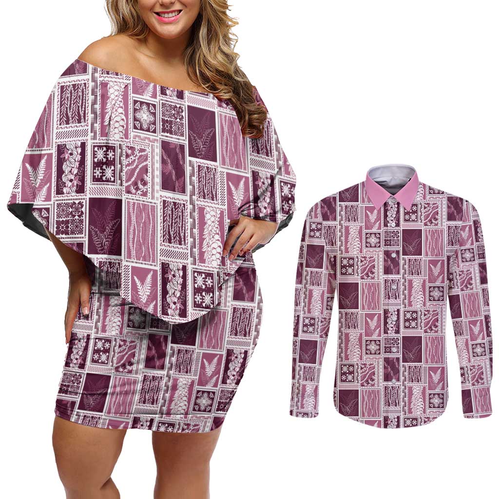 Vintage Aloha Block Quilt Couples Matching Off Shoulder Short Dress and Long Sleeve Button Shirt Pink Inspired Lei Motifs LT9 Pink - Polynesian Pride