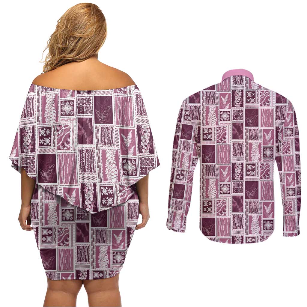 Vintage Aloha Block Quilt Couples Matching Off Shoulder Short Dress and Long Sleeve Button Shirt Pink Inspired Lei Motifs LT9 - Polynesian Pride