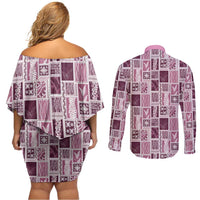Vintage Aloha Block Quilt Couples Matching Off Shoulder Short Dress and Long Sleeve Button Shirt Pink Inspired Lei Motifs LT9 - Polynesian Pride