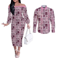 Vintage Aloha Block Quilt Couples Matching Off The Shoulder Long Sleeve Dress and Long Sleeve Button Shirt Pink Inspired Lei Motifs LT9 Pink - Polynesian Pride