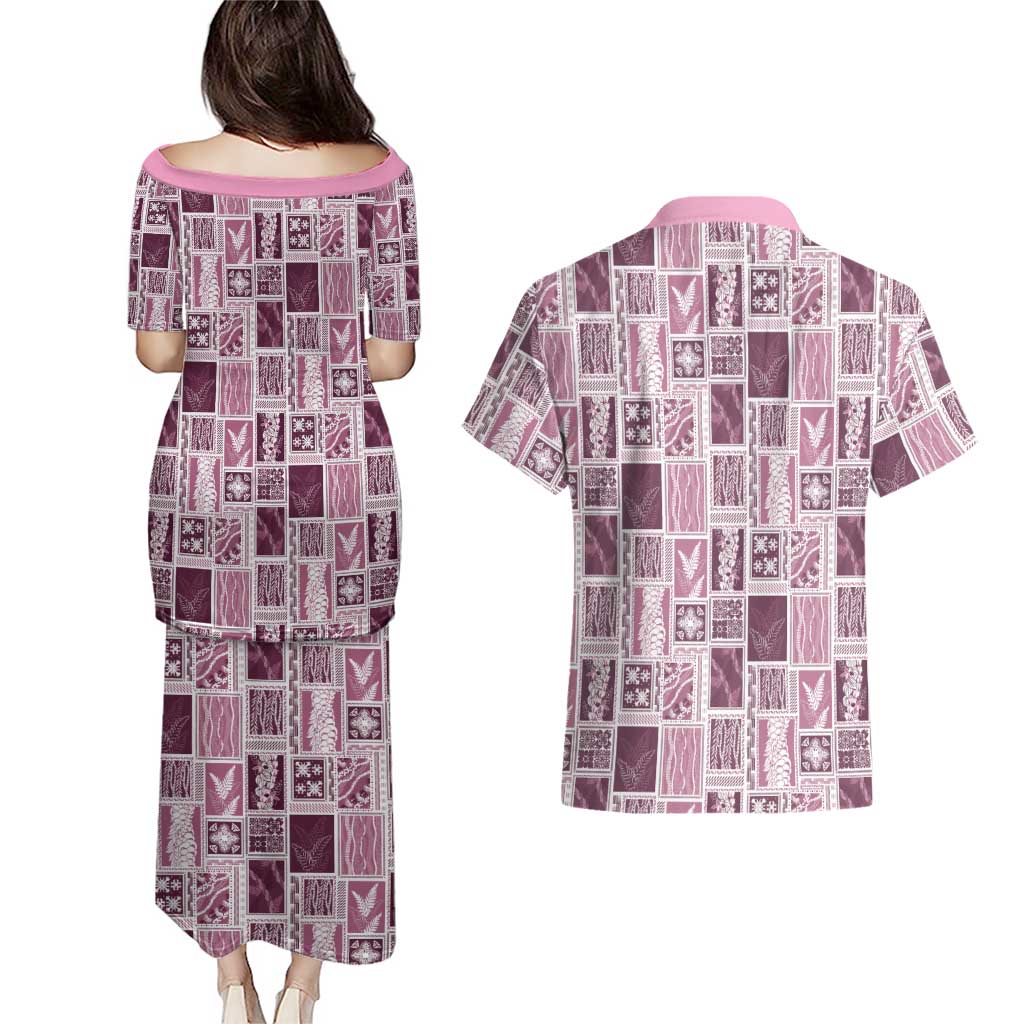 Vintage Aloha Block Quilt Couples Matching Puletasi and Hawaiian Shirt Pink Inspired Lei Motifs LT9 - Polynesian Pride