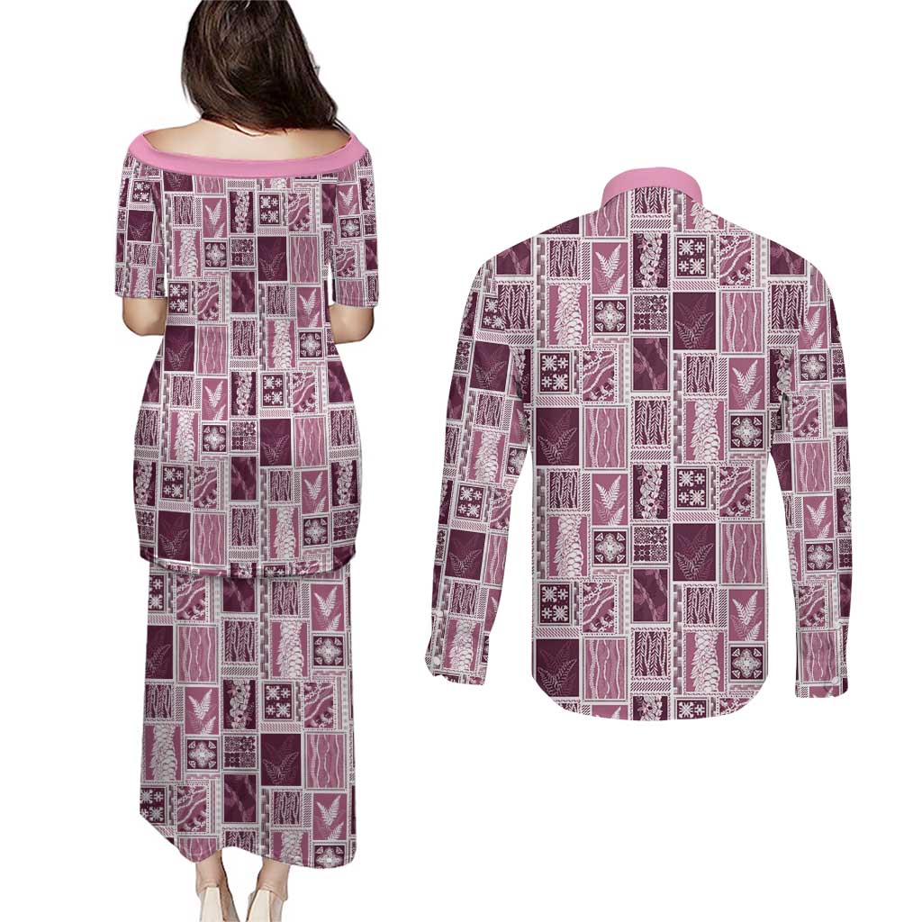 Vintage Aloha Block Quilt Couples Matching Puletasi and Long Sleeve Button Shirt Pink Inspired Lei Motifs LT9 - Polynesian Pride