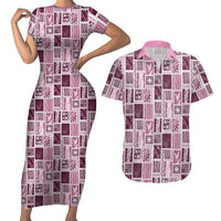 Vintage Aloha Block Quilt Couples Matching Short Sleeve Bodycon Dress and Hawaiian Shirt Pink Inspired Lei Motifs LT9 Pink - Polynesian Pride