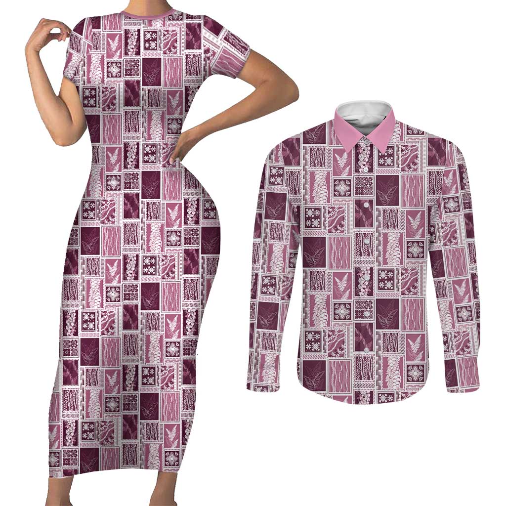 Vintage Aloha Block Quilt Couples Matching Short Sleeve Bodycon Dress and Long Sleeve Button Shirt Pink Inspired Lei Motifs - Polynesian Pride