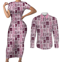 Vintage Aloha Block Quilt Couples Matching Short Sleeve Bodycon Dress and Long Sleeve Button Shirt Pink Inspired Lei Motifs LT9 Pink - Polynesian Pride