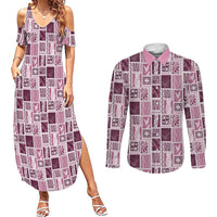 Vintage Aloha Block Quilt Couples Matching Summer Maxi Dress and Long Sleeve Button Shirt Pink Inspired Lei Motifs LT9 Pink - Polynesian Pride