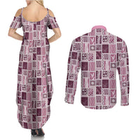 Vintage Aloha Block Quilt Couples Matching Summer Maxi Dress and Long Sleeve Button Shirt Pink Inspired Lei Motifs LT9 - Polynesian Pride