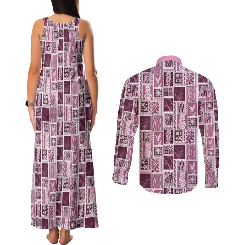 Vintage Aloha Block Quilt Couples Matching Tank Maxi Dress and Long Sleeve Button Shirt Pink Inspired Lei Motifs LT9 - Polynesian Pride
