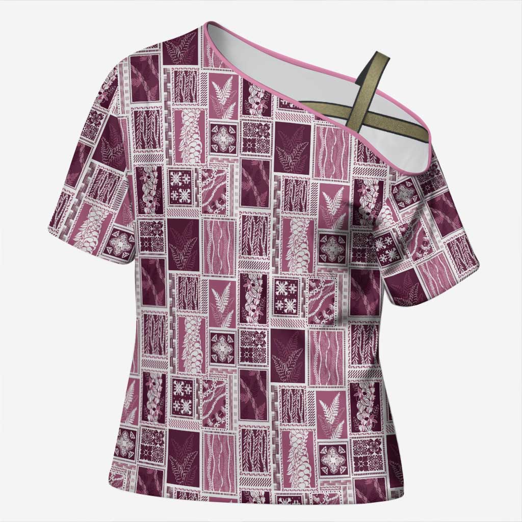 Vintage Aloha Block Quilt Cross Shoulder Shirt Pink Inspired Lei Motifs - Polynesian Pride