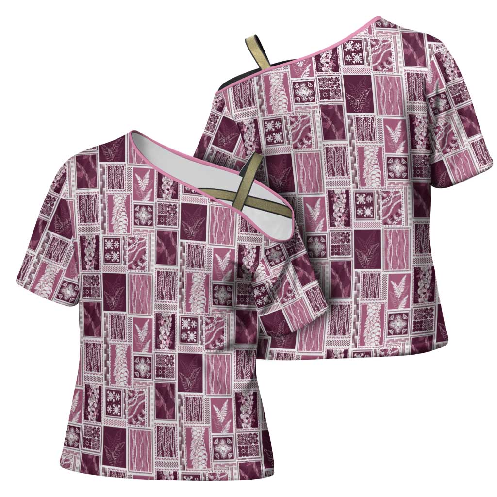 Vintage Aloha Block Quilt Cross Shoulder Shirt Pink Inspired Lei Motifs - Polynesian Pride