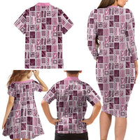 Vintage Aloha Block Quilt Family Matching Long Sleeve Bodycon Dress and Hawaiian Shirt Pink Inspired Lei Motifs LT9 - Polynesian Pride
