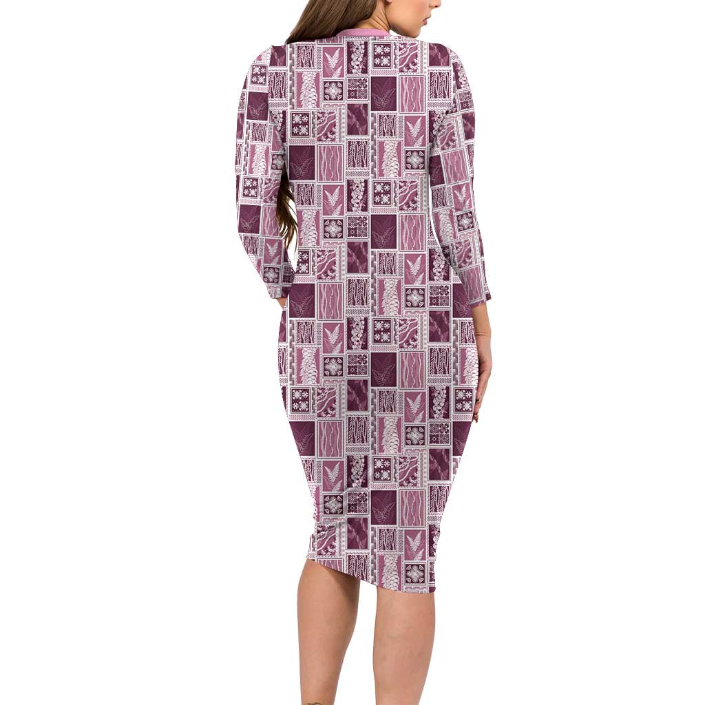 Vintage Aloha Block Quilt Family Matching Long Sleeve Bodycon Dress and Hawaiian Shirt Pink Inspired Lei Motifs LT9 - Polynesian Pride